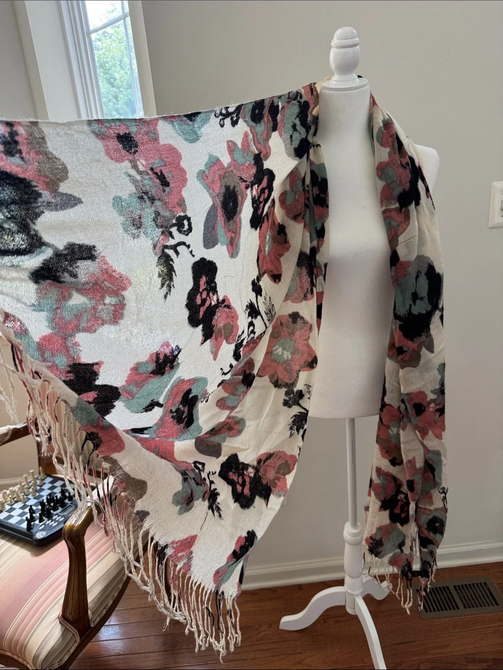 Floral Fringe Oblong Scarf in Cream and Rose, purchased at Nordstrom